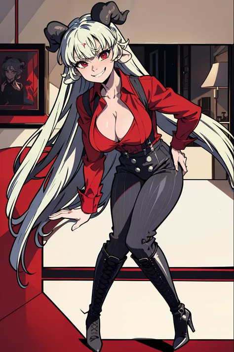 masterpiece, best quality, baphomet, red shirt, suspenders, cleavage, black pants, high heel boots, leaning forward, holding bre...