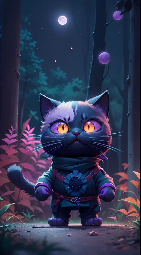 Create a vibrant dark fantasy cute ninja cat in a clean-lined minimalistic cartoon style, in the background a beautiful forest and a bright purple moon, octane render, 8k