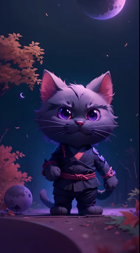 Create a vibrant dark fantasy cute ninja cat in a clean-lined minimalistic cartoon style, in the background a beautiful forest and a bright purple moon, octane render, 8k