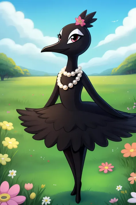 Create a black swan with a pearl necklace around its neck in cartoon style，standing in grassy field，Flowers around