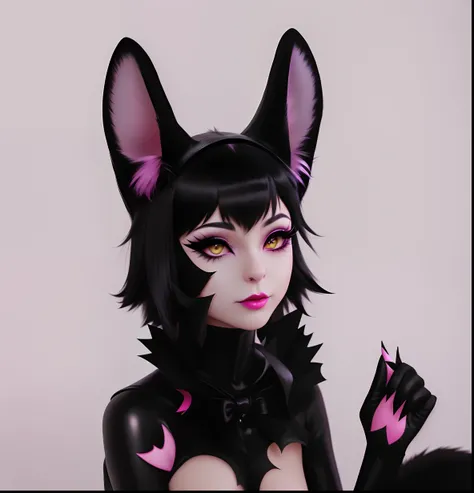 araffe cat woman with black and pink makeup and black cat ears, portrait of a goth catgirl, with pointy ears, catgirl, girl with cat ears, black hair black cat ears, wearing cybernetic, woman with cat ears, cat girl, beautiful young catgirl, anthro cat, at...