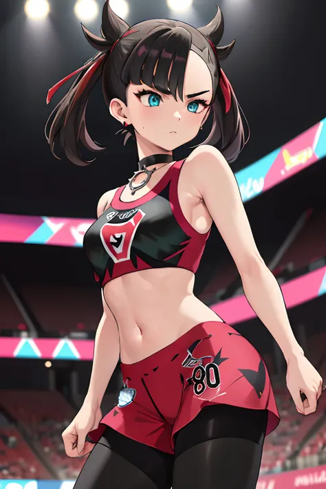 masterpiece, best quality, highres, hmmarnie, aqua eyes, black choker, red ribbon, sexy, armpits, earrings, jewelry, midriff, sp...