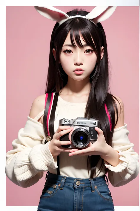 arafed image of a girl with bunny ears holding a camera, artwork in the style of guweiz, anime style mixed with fujifilm, guweiz, by Russell Dongjun Lu, ulzzang, guweiz masterpiece, [ realistic photography ], inspired by Yanjun Cheng, ig model | artgerm, t...