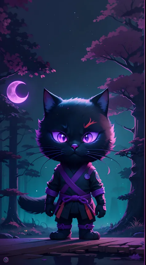 Create a vibrant dark fantasy cute ninja cat in a clean-lined minimalistic cartoon style, in the background a beautiful forest and a bright purple moon, octane render, 8k