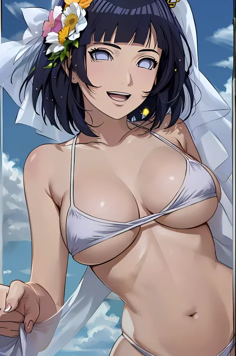 (WALLPAPER, masterpiece, 1k, anime style:1.9, ( detailed beach background, looking at viewer, big breasts, big boobs, open mouth, high color saturation, bold lines, bold drawing lines, (strong arms, flat belly, groin, hands behind back, carry flower bouque...