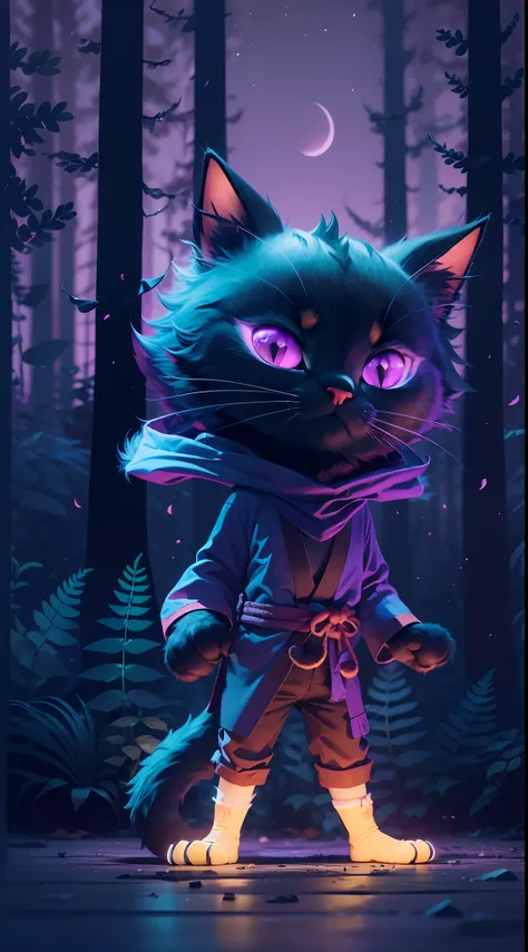 Create a vibrant dark fantasy cute ninja cat in a clean-lined minimalistic cartoon style, in the background a beautiful forest and a bright purple moon, octane render, 8k