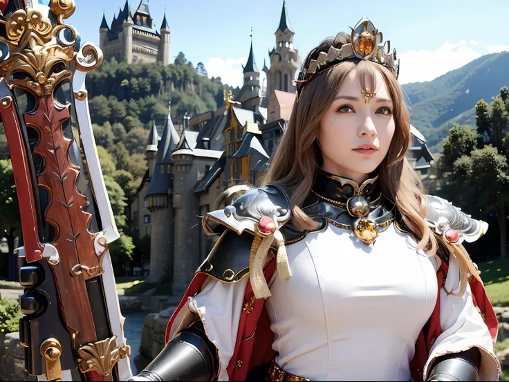 (masutepiece), Professional , ​masterpiece、top-quality、photos realistic , depth of fields （Gemstone Silver Metal Body:1.９),(Matte White、Jewel Gold Weapon、（Gorgeous castle background）、（Realistic giant black dragon）、（Jewel Metal Body:1.４),Gorgeous Jewel Meta...