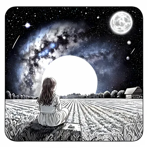 Illustration of a curly haired girl sitting in a field watching the stars, sentado em uma lua, sitting on the cosmic cloudscape, Olhando para a lua, in a cosmic field, Olhando para o cosmos, girl looks at the space, na lua, ilustrador olho de peixe luz da ...