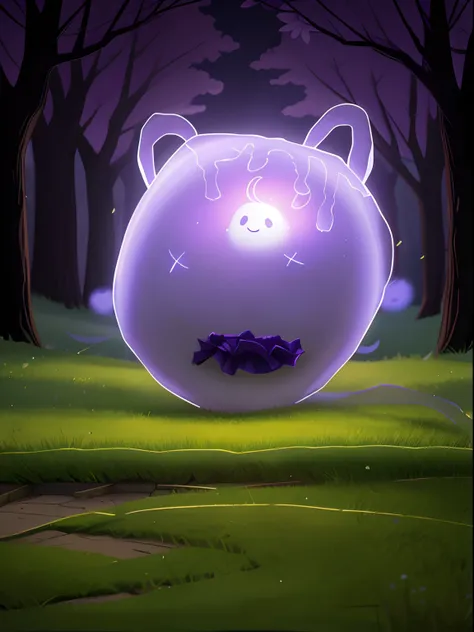 A lovely ghost,Like a ball floating down the street,The city of the night,Purple light，Grassy woods,adolable,