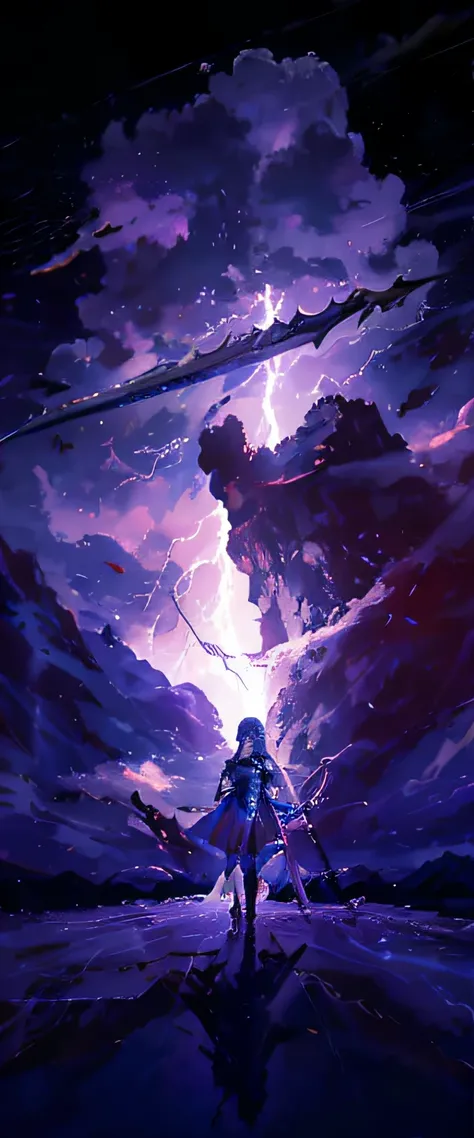 Anime scene of a woman holding a sword and a sword in the sky, Anime epic artwork, Dramatic lighting. concept-art, detailed lighting and thunder, epic clouds and godlike lighting, Epic clouds and lighting, Godrays digital painting, splashes of lightning be...