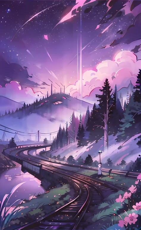 Bright picture, full of light, (((Makoto Shinkai style)), pixiv, anime painting, high quality, pink and violet sky, beautiful scene), (universe, train passing by, magical realism, ((makoto shinkai style)) ::0.8), [artistic atmosphere, atmosphere:0.8, starr...