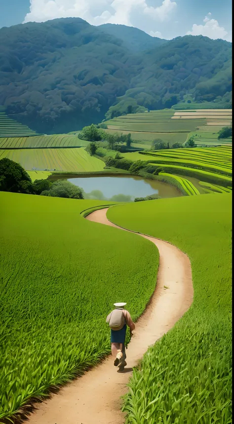 An old farmer carrying a flat burden, walking on the winding path of the countryside, big clouds, blue sky, rice fields, neat rice seedlings in the field, forest, hillside, secluded, countryside, HD detail, hyper-detail, cinematic, surrealism, soft light, ...