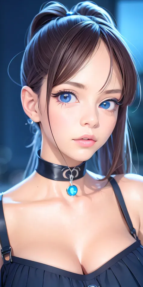 Anime girl with blue eyes and choker posing for photo, photorealistic anime girl render, realistic anime 3 d style, high detailed face anime, 3 d anime realistic, Hyper realistic anime, detailed portrait of an anime girl, Detailed Digital Anime Art, kawaii...