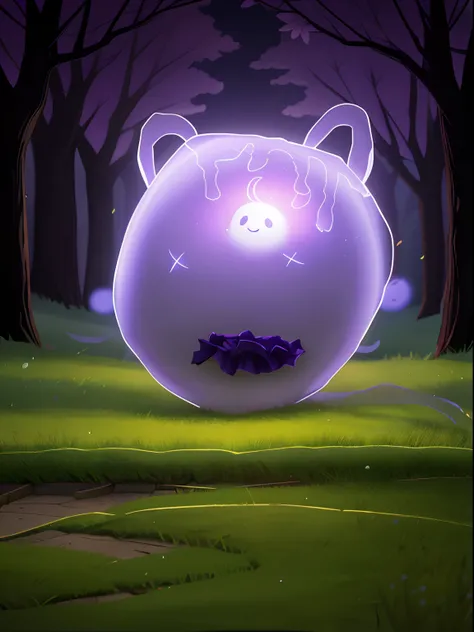 A lovely ghost,Like a ball floating down the street,The city of the night,Purple light，Grassy woods,adolable,