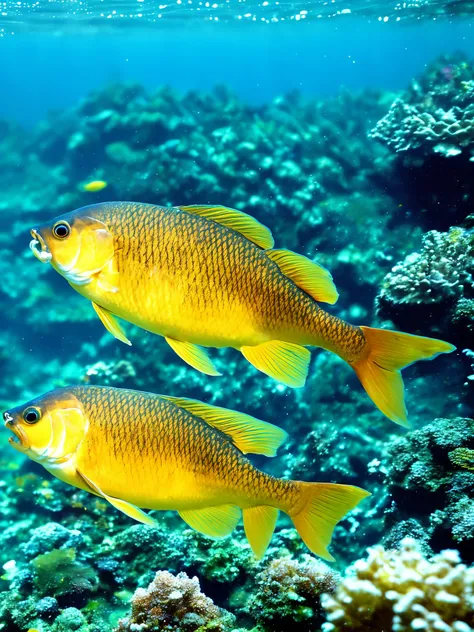 Underwater shot, carpfish lurking near Ester Surface, hiperrealistic