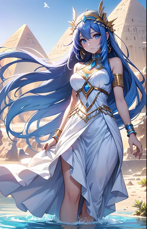 best qualityer，tmasterpiece，Ultimate resolution，downy，Extremely colorful，Colorful，Oasis background，Ancient Egyptian woman，Long azure hair，a matural female，Long white dress in Egyptian style，a white long skirt，Treading water，Desert oasis，Nile River，Normal p...