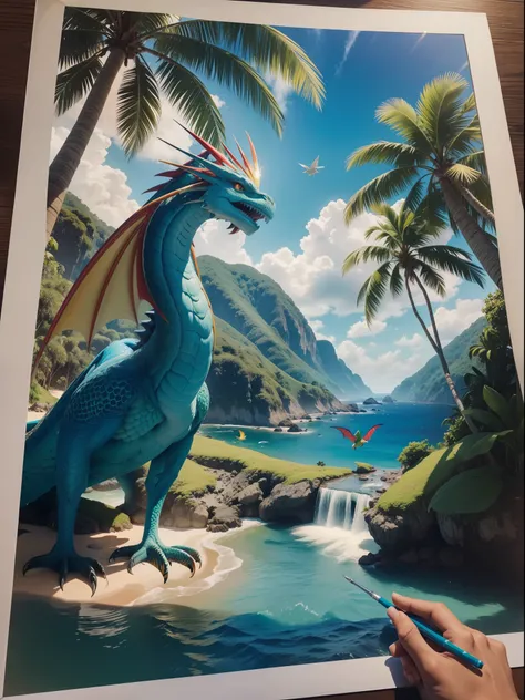 3 d oil painting, hiper realista, ilha tropical, a magic world, com cachoeiras, dragon birds, aldeia, rios, hyper sharp, hiper detalhado, ultra complexo, 3d extremo, tintas escorrendo pela tela, tinta saindo da tela, 3d  render, extrema profundidade, extre...