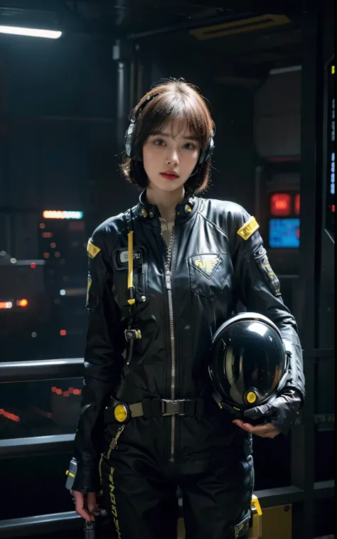 Highest image quality, outstanding details, ultra-high resolution, (realism: 1.4), ((cowboy shot)), the best illustration, favor details, highly condensed 1girl, (cyberpunk, cyborg), a delicate and beautiful face, (short hair), (wearing baggy spacesuit wit...