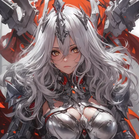 bokeh, masterpiece, best quality, high quality, absurdres, highres, 8k, 4k, (full body:1.3), (mecha musume:0.8), armor, older, expressionless, long silver hair, hair between eyes, sidelocks, (grey eyes:1.4), from below, looking down, medium breasts, red cl...