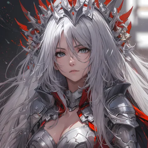 bokeh, masterpiece, best quality, high quality, absurdres, highres, 8k, 4k, (full body:1.3), (mecha musume:0.8), armor, older, expressionless, long silver hair, hair between eyes, sidelocks, (grey eyes:1.4), from below, looking down, medium breasts, red cl...