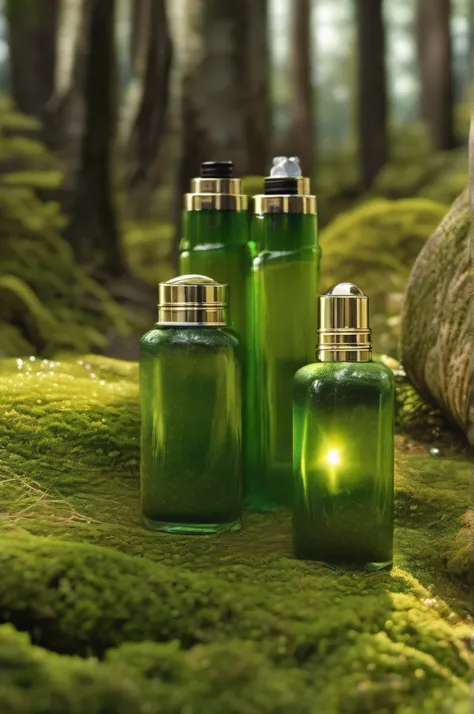 Realisticstyle，Rural bush，mossy，shining sun，dewdrops，tree shade，Cosmetic bottles