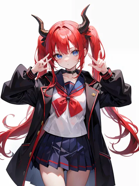 red hair, blue eyes, twintails, Sailor suit,black coat, Dragon horns,Pleated skirt,solo,loli,cute,bow