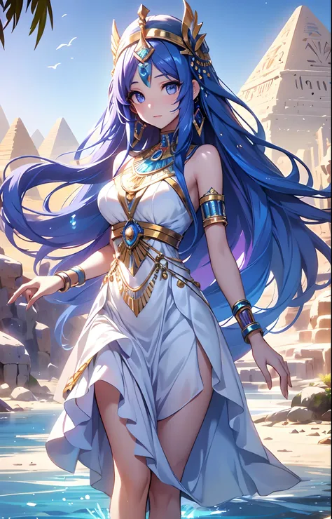 best qualityer，tmasterpiece，Ultimate resolution，downy，Extremely colorful，Colorful，Oasis background，Ancient Egyptian woman，Long azure hair，a matural female，Long white dress in Egyptian style，a white long skirt，Treading water，Desert oasis，Nile River，Normal p...