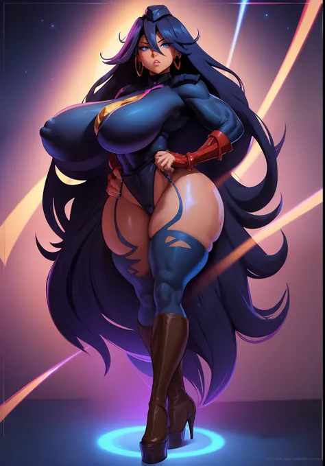 Midnight from my Hero academia, she has huge breasts, thick thighs and wide hips, midnight is wearing a dollsuit that shows off her curves, midnight has been hypnotised by a villain, her eyes resemble spirals, midnight stands stiffly at attention, the imag...