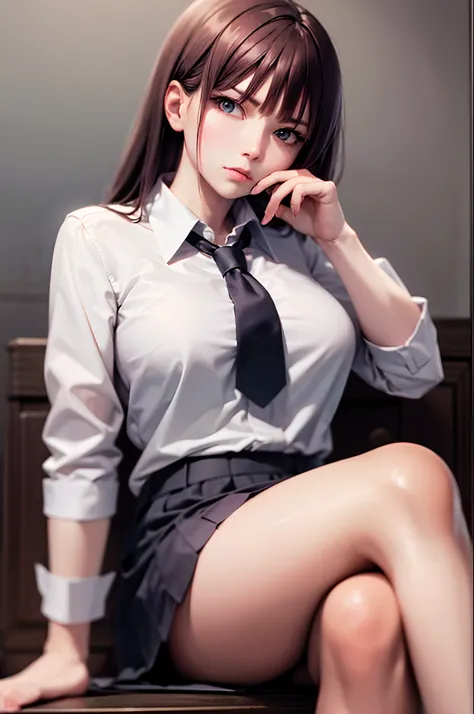 (Prominence in Masterpiece, Best Quality: 1.2), solo, 1 girl, Nino nakano, serious, mouth closed, looking at viewer, hand on face, sitting, legs crossed, collared shirt, tie up, skirt, stockings , big thighs, big breasts)