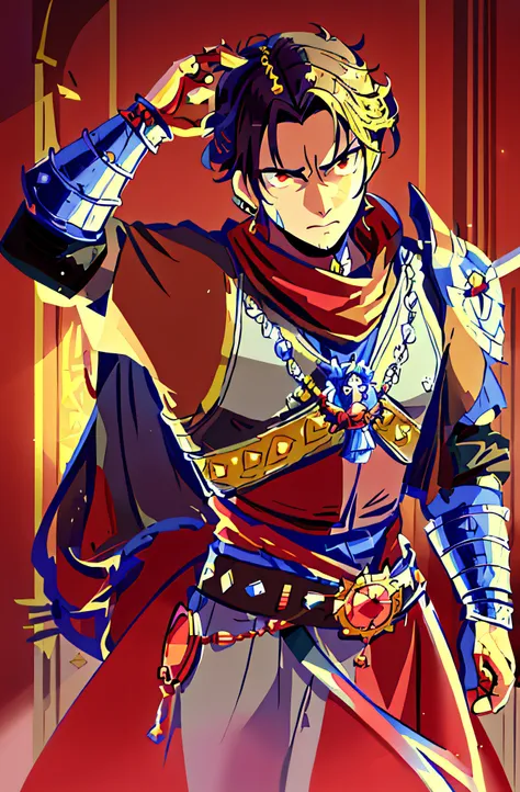 Anime character with sword and cape in room, handsome prince of persia, handsome guy in demon slayer art, casimir art, Inspired by Chris in Delta runes, taisho roman, Arsen Lupin as Paladin, a human male paladin, keqing from genshin impact, beautiful andro...