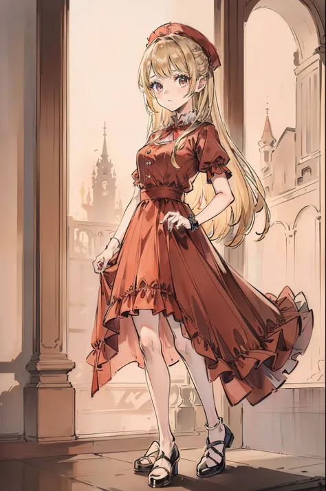 A 9-year-old blonde girl wears a gorgeous red dress with a skirt supporting Lolita，conservativelydressed，Has long, full hair，Stand there，Show off the beauty of your whole body，Facing the camera