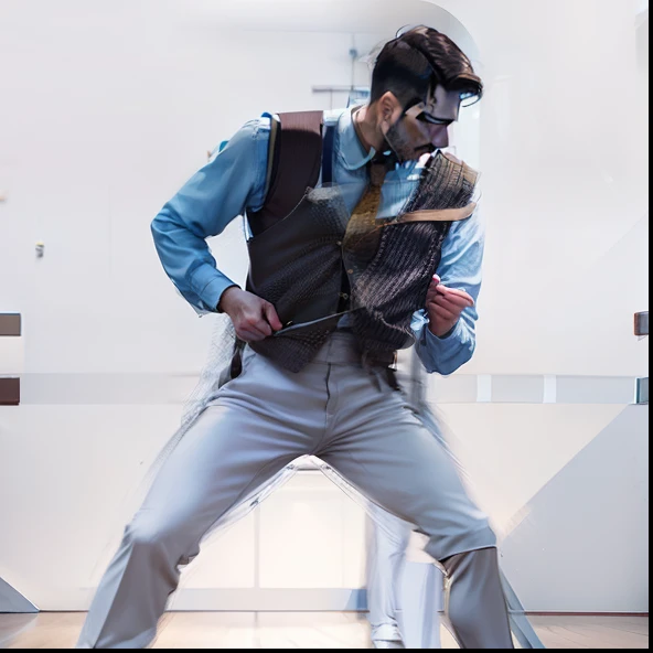 Men dancing in practice rooms in suspenders