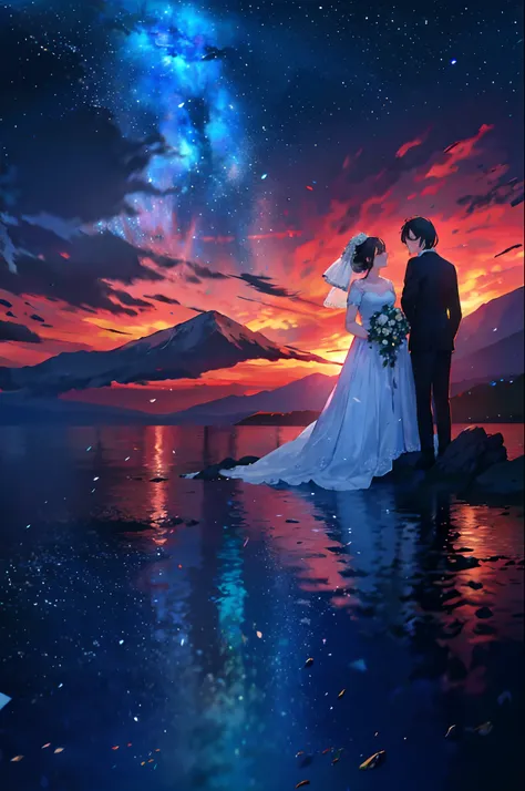 1 Newlyweds in wedding dresses and suits，Look at the stars at the top of the mountain，Stars shining in the sky，Witness the Sea Oath Mountain Alliance，Romantic movie stills