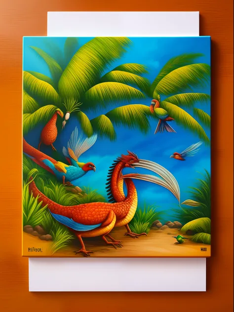 3 d oil painting, Hiper realista, ilha tropical, a magic world, com cachoeiras, Dragon birds, aldeia, rios, hyper sharp, hiper detalhado, ultra complexo, 3D extremo, tintas escorrendo pela tela, tinta saindo da tela, 3D-rendering, extrema profundidade, ext...