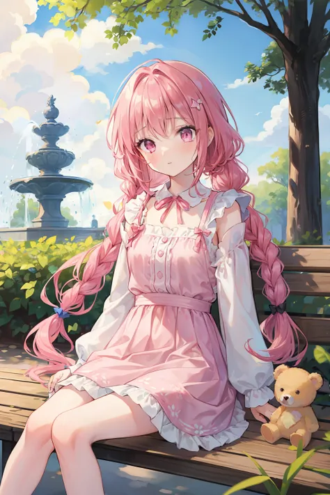 masterpiece, best quality, 1girl, pink hair, long hair, bangs, pink eyes, sad, in tears, looking at viewer, outdoors, blush, frilled sleeves, wiping away tears with ones hand, with a bear stuffed toy, holding a toy, very long hair, tree, contemporary, day,...