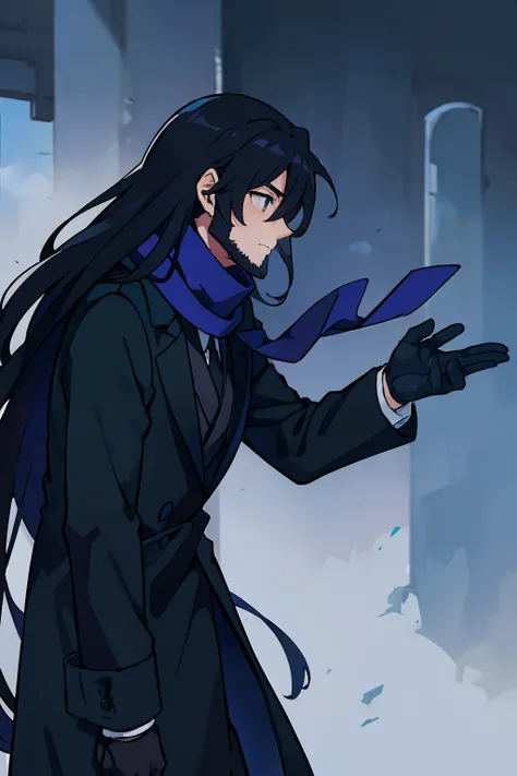 anime, man, profile, dark blue scarf, black suit, black overcoat, long hair, tiny beard, black gloves