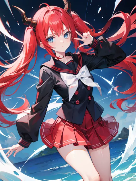 red hair, blue eyes, twintails, Sailor suit,black coat, Dragon horns,Pleated skirt,solo,loli,cute,bow