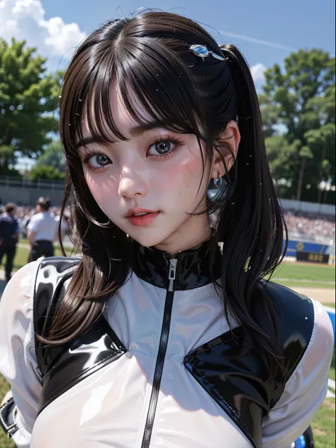 女の子1人、独奏、race queen cosplayer、clothes made of latex material、​masterpiece、top-quality、realisitic、hyper-detailing、(glossy skin、be...