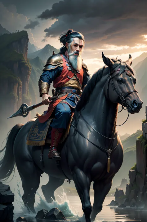 An ancient Chinese man，In the evening of the downpour，The sky is cloudy，Colorful shades，Ride a mighty steed，holding trident，Wearing armor，frontage，Coming from deep in the valley，Hyper-realistic HD photos，large scene