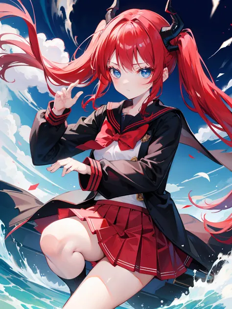 red hair, blue eyes, twintails, Sailor suit,black coat, Dragon horns,Pleated skirt,solo,loli,cute,bow