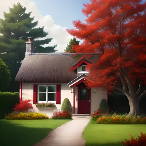 There is a cottage，There is a large tree with red leaves next to it，The girl is in front of the door