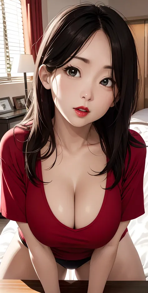 realisticlying、Two 45-year-old girls、T-shirt wearing，Face enhancement，Chest super large zoom，Cleavage emphasis，Looking up from the bottom，Blushing，Red lips，A sexy，Bed sit，Open your mouth wide、Put your arms around the back of your head、Wearing underwear