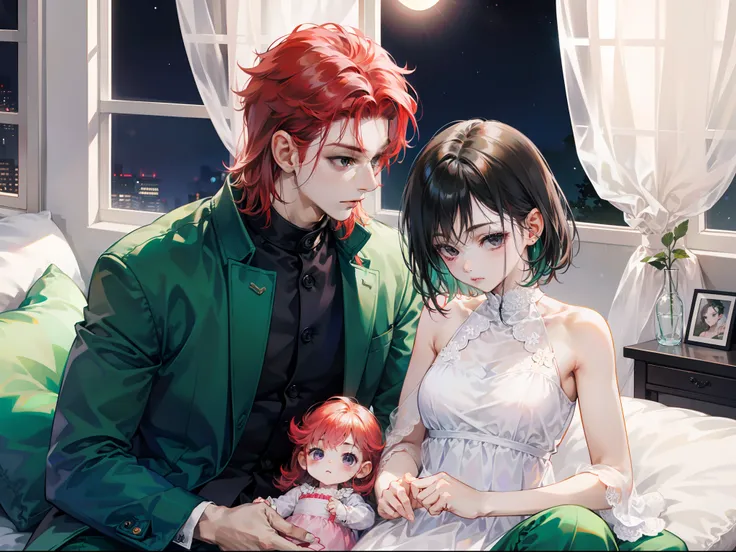 A muscle man with red hair, purple eyes look like Noriaki Kakyoin wearing green long coat and green pant, with a girl with ((short black hair and black eyes)) wearing white transparent babydoll dress sitting on his lap, bedroom background, night time, moon...