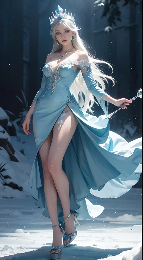 Snow Queen, Ice Blue Dress, Long Hair, Ice Headgear, Ice Crystal Necklace, Ice Wand, High Heels, Icy Eyes, Breath of the Ice Queen, Top Shot, Loose Hair, Master Works, Best Picture Quality, More Detail, Ultra High Resolution, Mood Lighting, Soft Light, Amb...