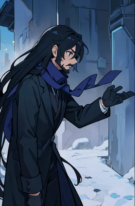 anime, man, profile, dark blue scarf, black suit, black overcoat, long hair, tiny beard, moustache, black gloves