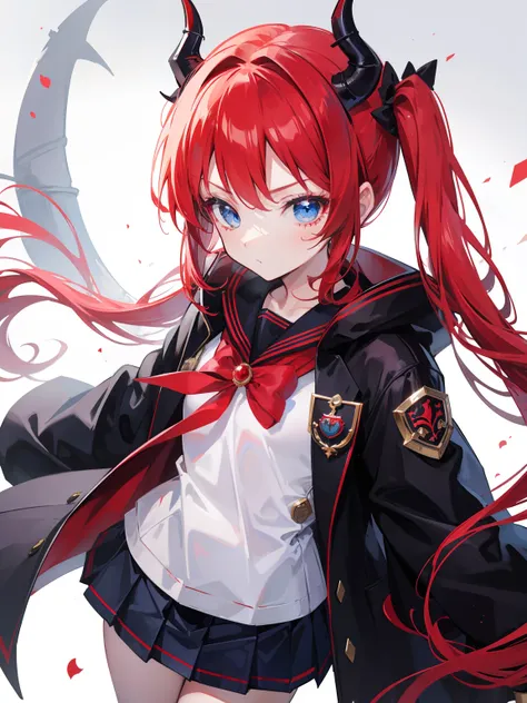 red hair, blue eyes, twintails, Sailor suit,black coat, Dragon horns,Pleated skirt,solo,loli,cute,bow