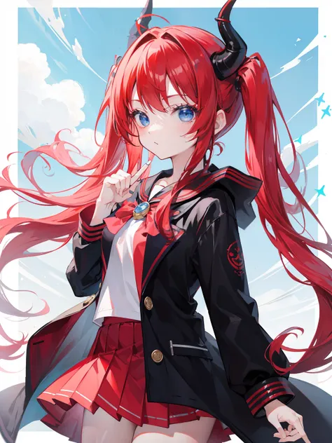 red hair, blue eyes, twintails, Sailor suit,black coat, Dragon horns,Pleated skirt,solo,loli,cute,bow