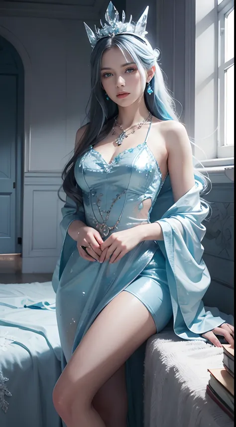 Snow Queen, Ice Blue Dress, Long Hair, Ice Headgear, Ice Crystal Necklace, Ice Wand, High Heels, Icy Eyes, Breath of the Ice Queen, Top Shot, Loose Hair, Master Works, Best Picture Quality, More Detail, Ultra High Resolution, Mood Lighting, Soft Light, Amb...