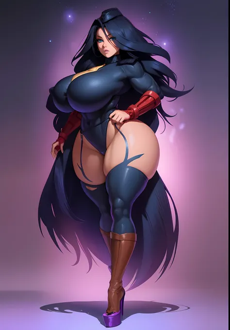 Midnight from my Hero academia, she has huge breasts, thick thighs and wide hips, midnight is wearing a dollsuit that shows off her curves, midnight has been hypnotised by a villain, her eyes resemble spirals, midnight stands stiffly at attention, the imag...