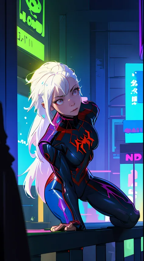 (best quality, masterpiece:1.2), (detailed skin:1.1), two-tone lighting, cyberpunk, ray tracing, HDR, 1girl, spiderman costume, unmasking, buildings, neon lights, white hair,